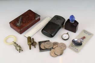 Mixed lot of small Collectables items including Victorian Hipflask, Leather Hairpins Box with silver