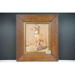 Oak and gilt framed fine oil painting portrait of a lurcher dog, 23cm x 19am