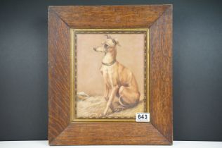 Oak and gilt framed fine oil painting portrait of a lurcher dog, 23cm x 19am