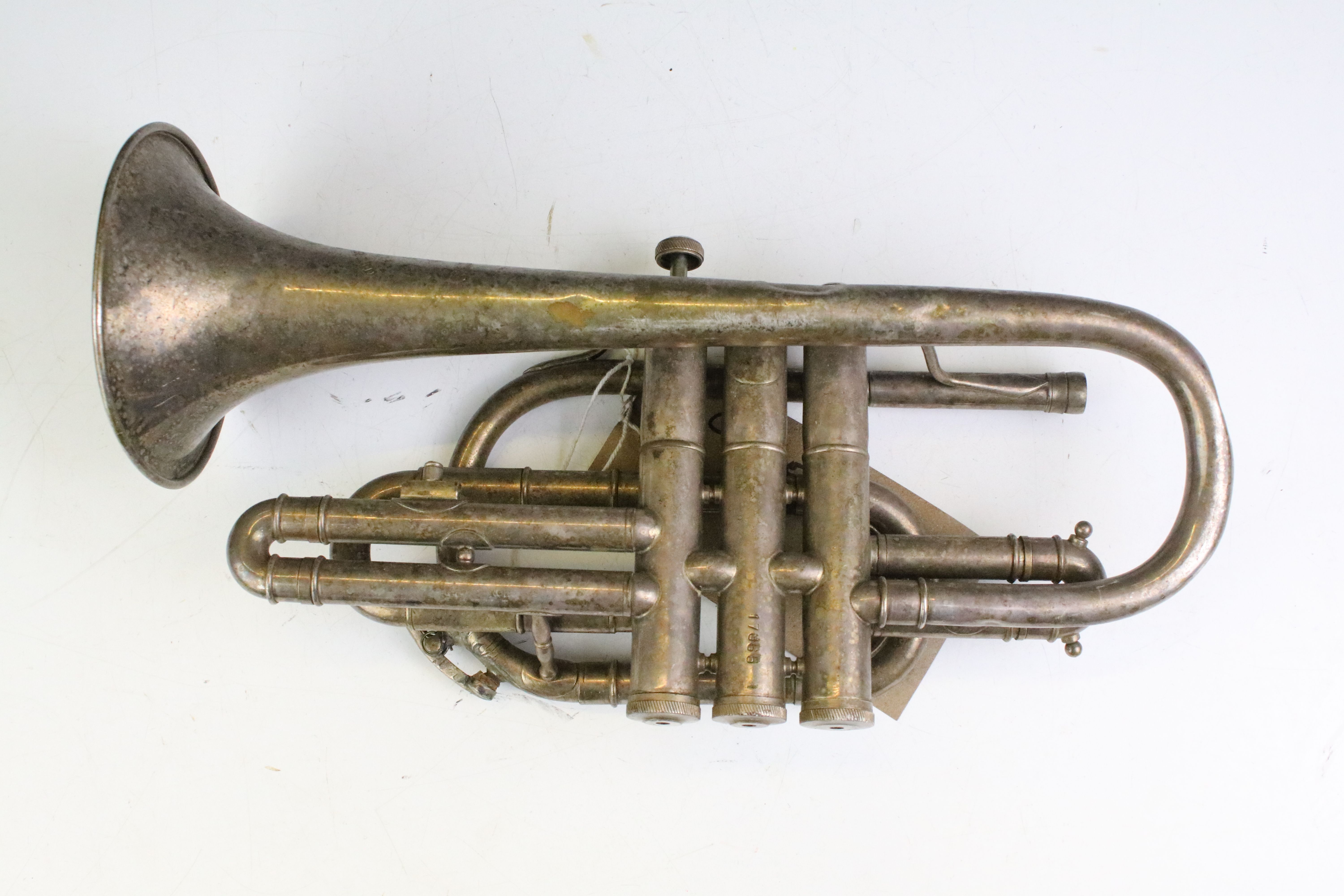 Barratts of Manchester silverplated cornet with mother of pearl inlaid valves. Measures 33cm wide.