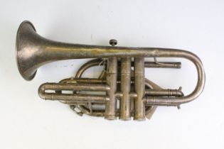 Barratts of Manchester silverplated cornet with mother of pearl inlaid valves. Measures 33cm wide.
