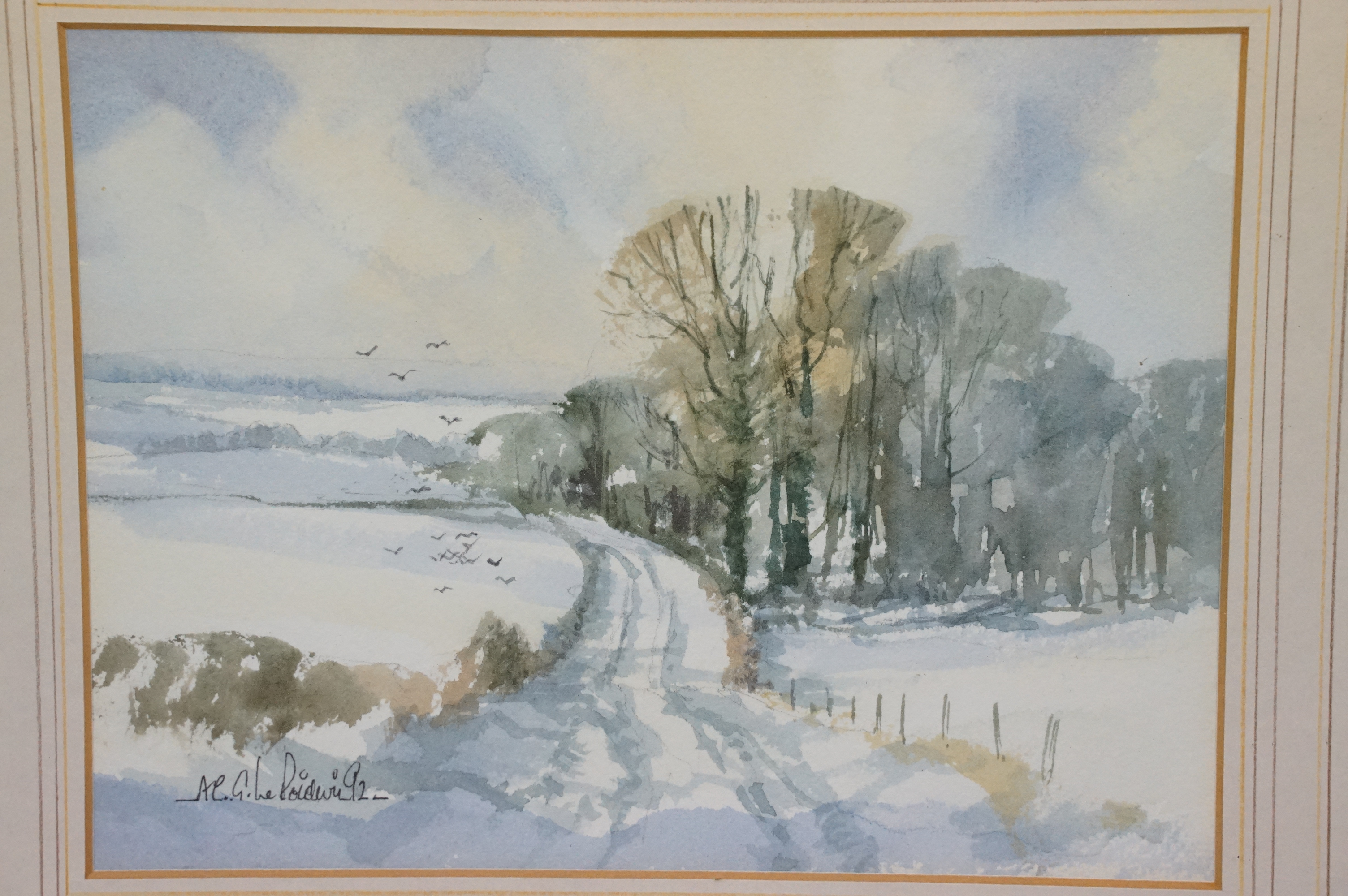 Four water colour paintings signed by Andy Le Poidevin titled 'Downland Snow', 'Slow Stream', 'Sunny - Image 2 of 7