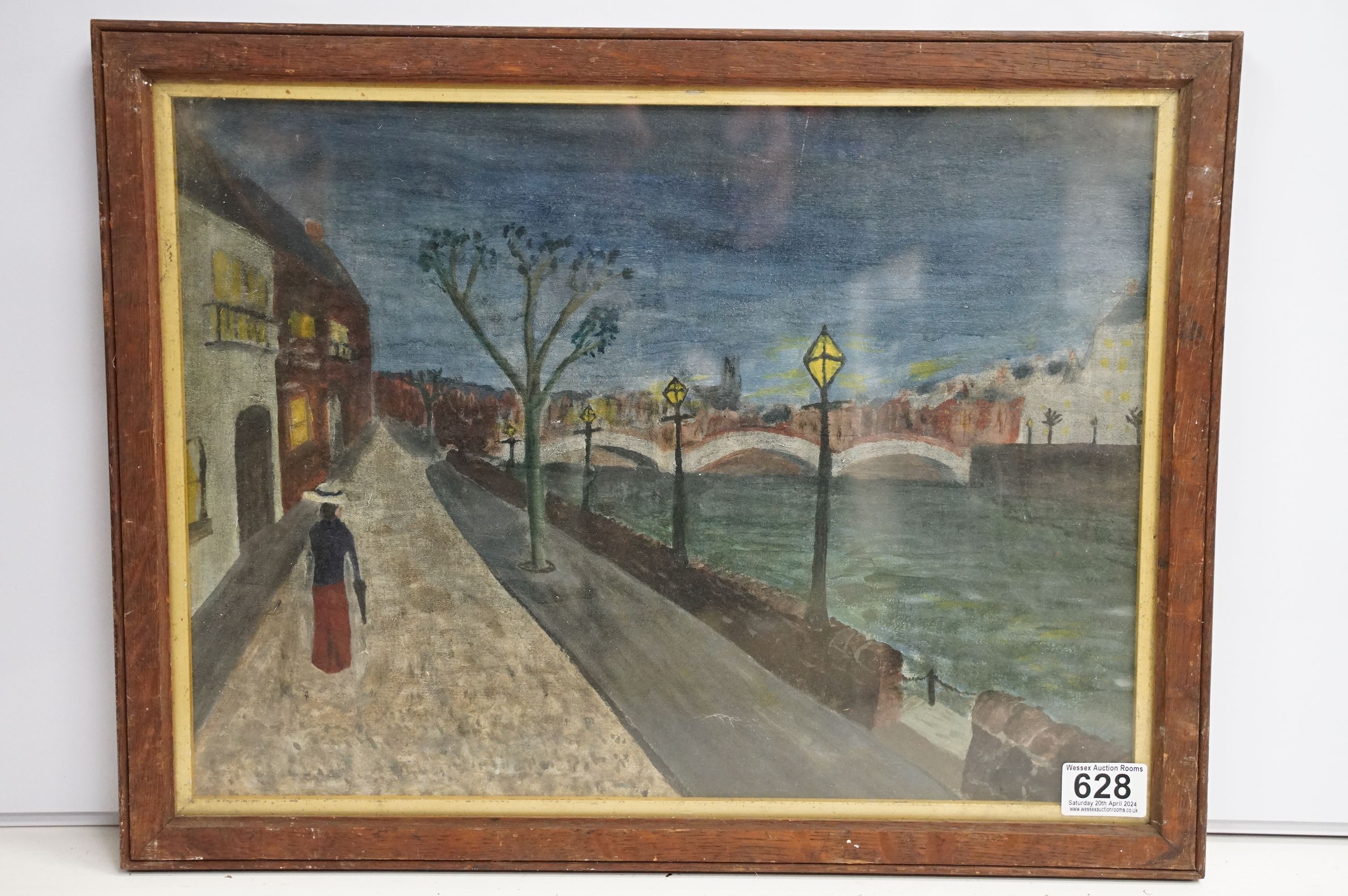 Framed oil painting of a continental city river view with woman strolling by lamplight, 31.5cm x