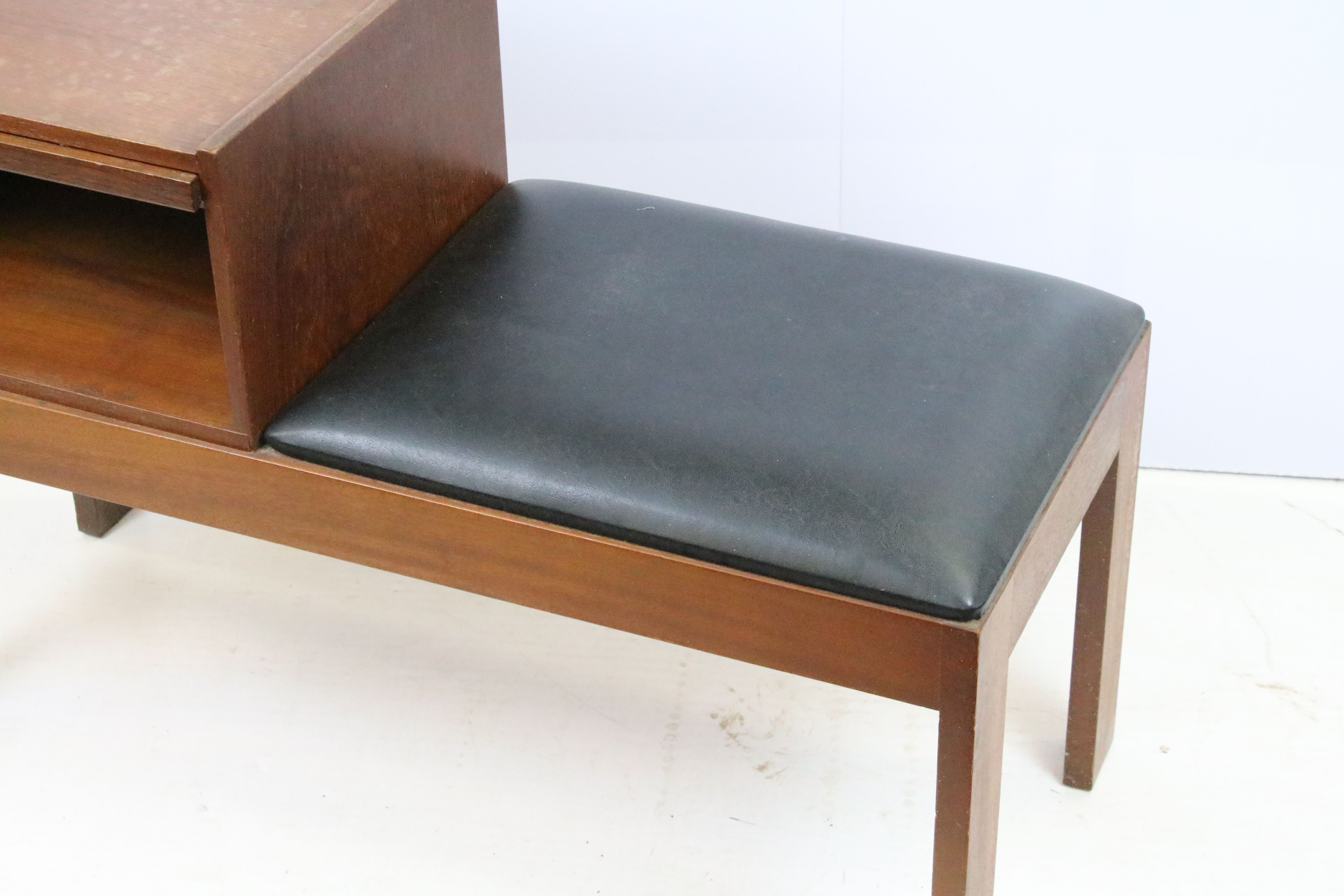 Mid Century vintage chippy telephone table with black leather seat. Measures 84cm wide. - Image 3 of 8