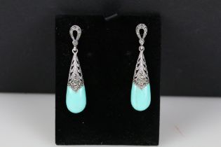 Pair of silver and turquoise drop earrings in the art deco style