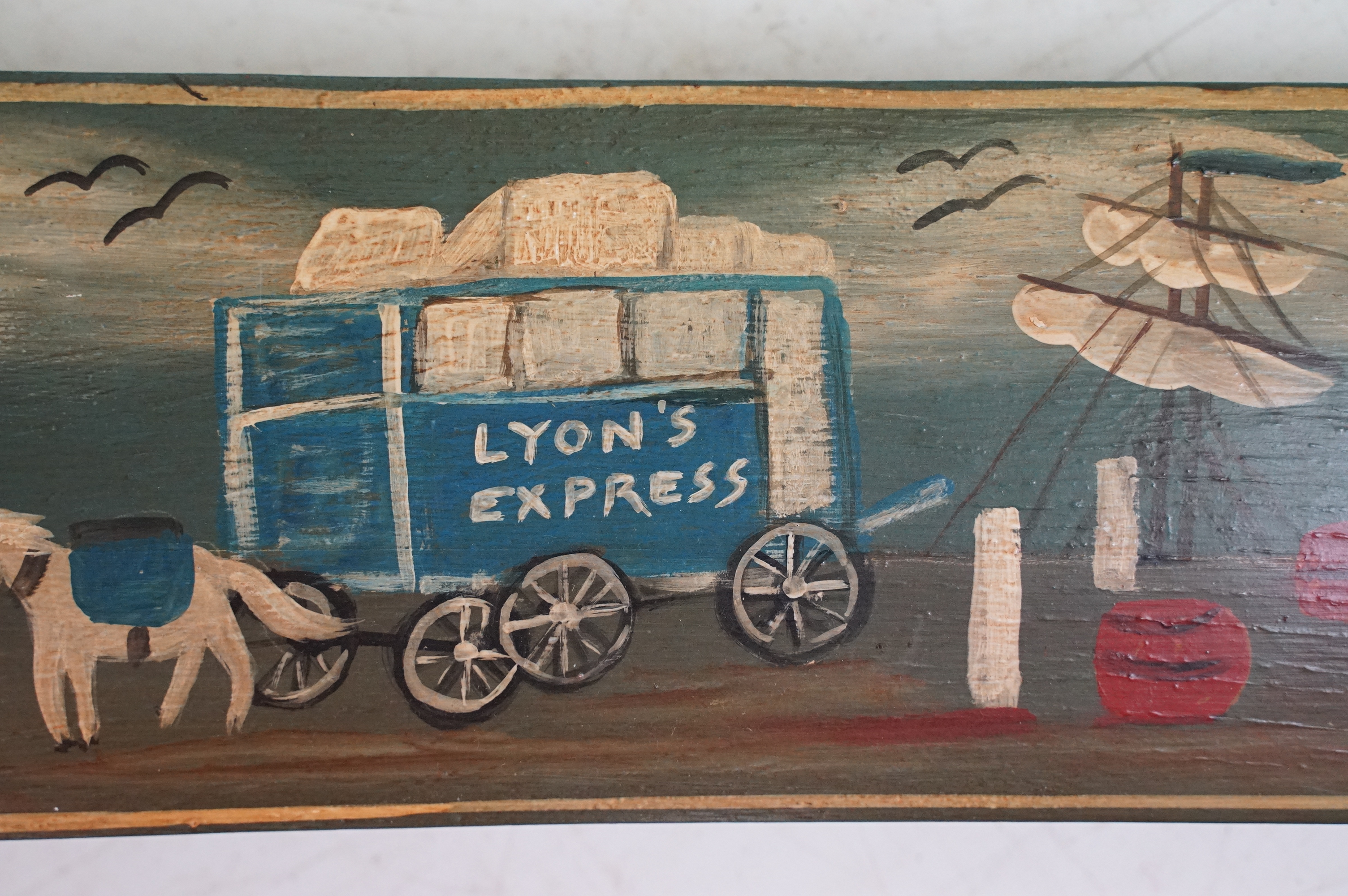 20th Century naïve painted barrel plank decorated with naval scenes. Measures 89cm wide. Together - Image 5 of 10