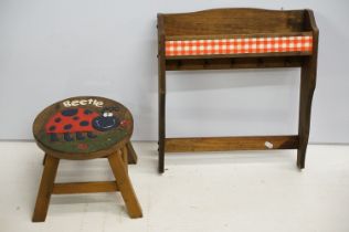 Vintage wall mounting spice rack with childs carved beetle stool.