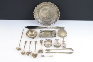 A small collection of mixed silver and silver plate to include cutlery, card tray, ash tray....etc.