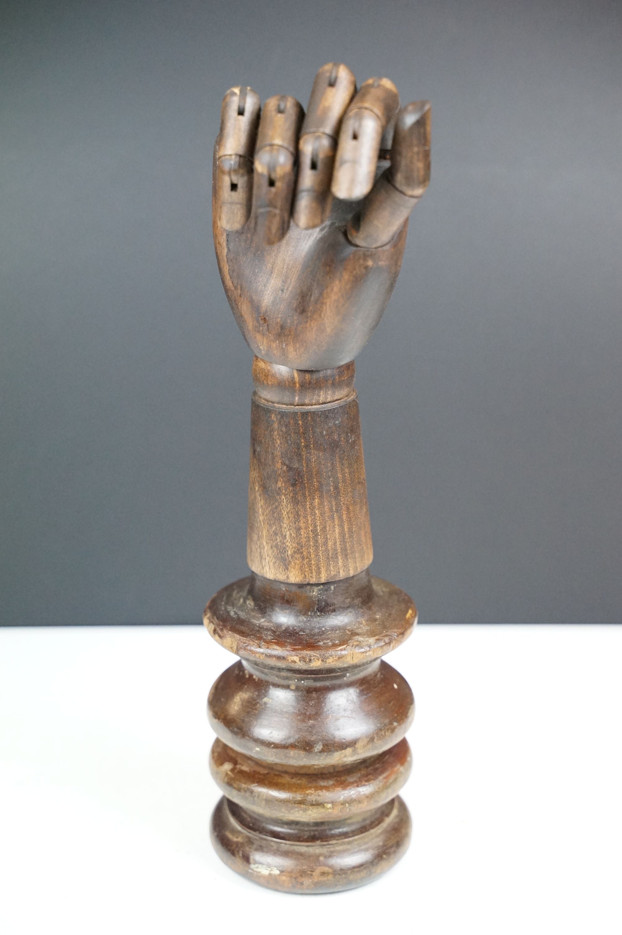 Artist model hand with articulated fingers, raised on a turned wooden base, approx 44cm high - Image 2 of 5