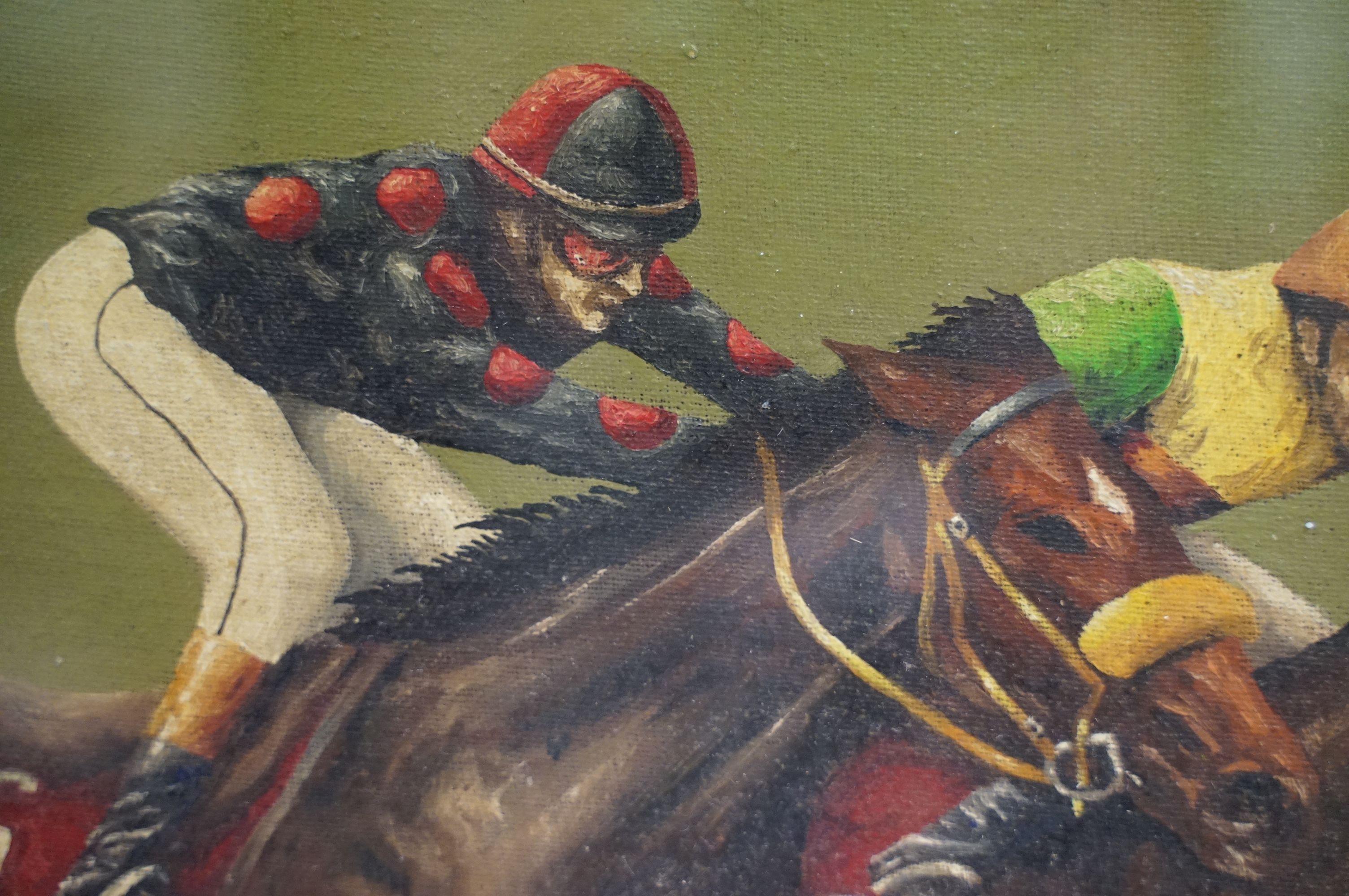 James Edmond, 'Pipped at the Post, Rock Star Wins the Guineas', oil on board, titled on label - Image 4 of 8