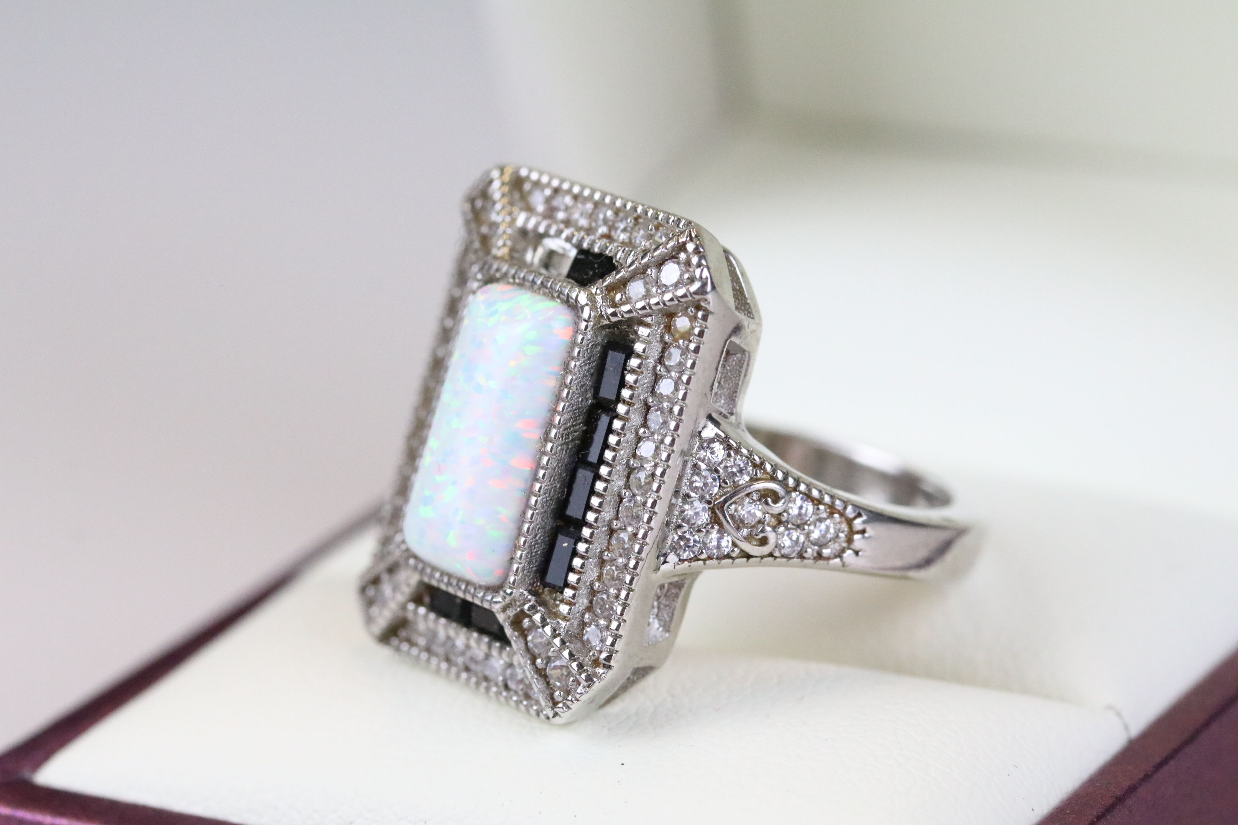 Substantial silver CZ and central opal panelled dress ring - Image 2 of 2