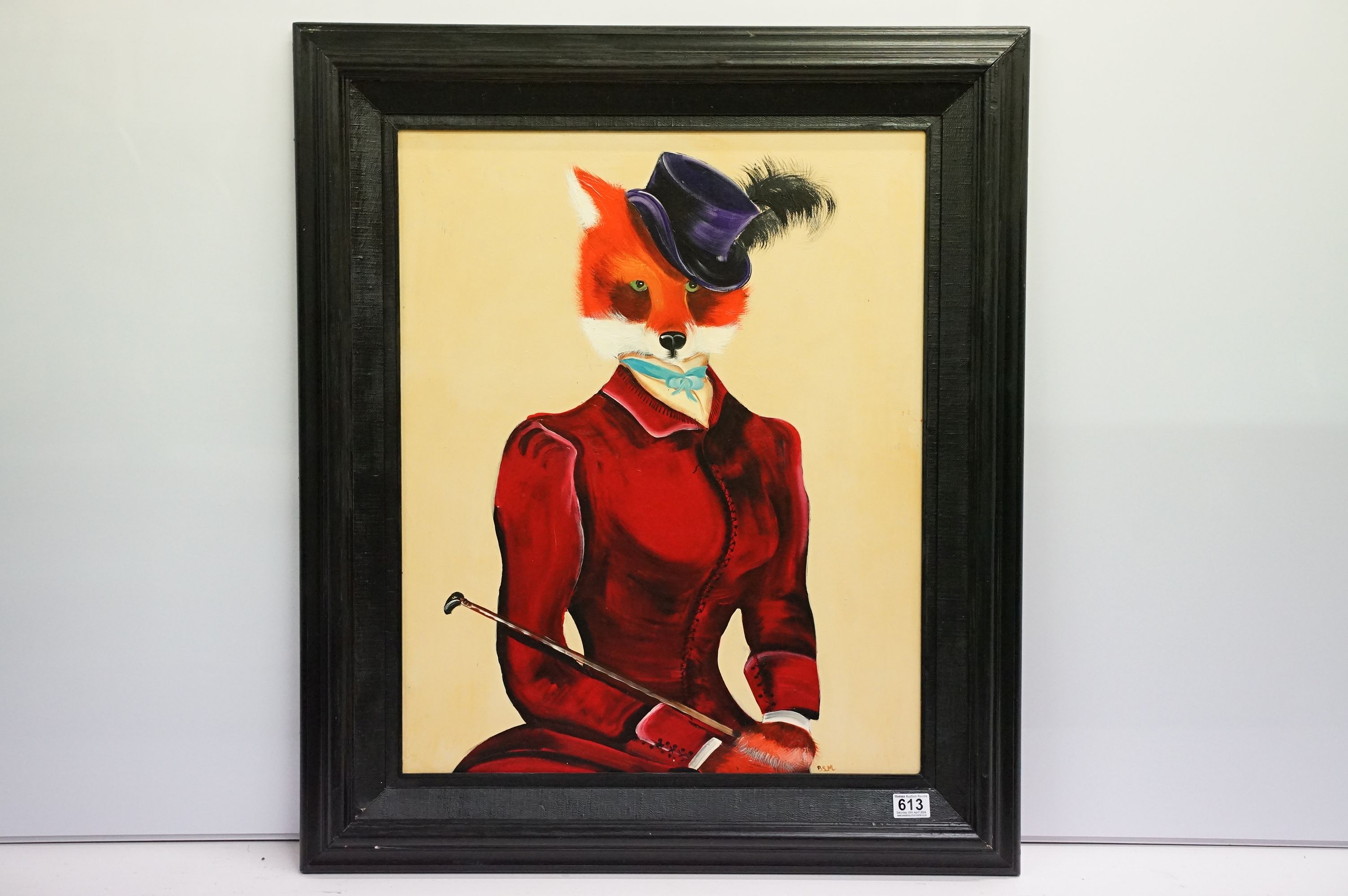 Oil on board anthropomorphic study of a fox in riding attire, initialled 'BSM?' to lower right,