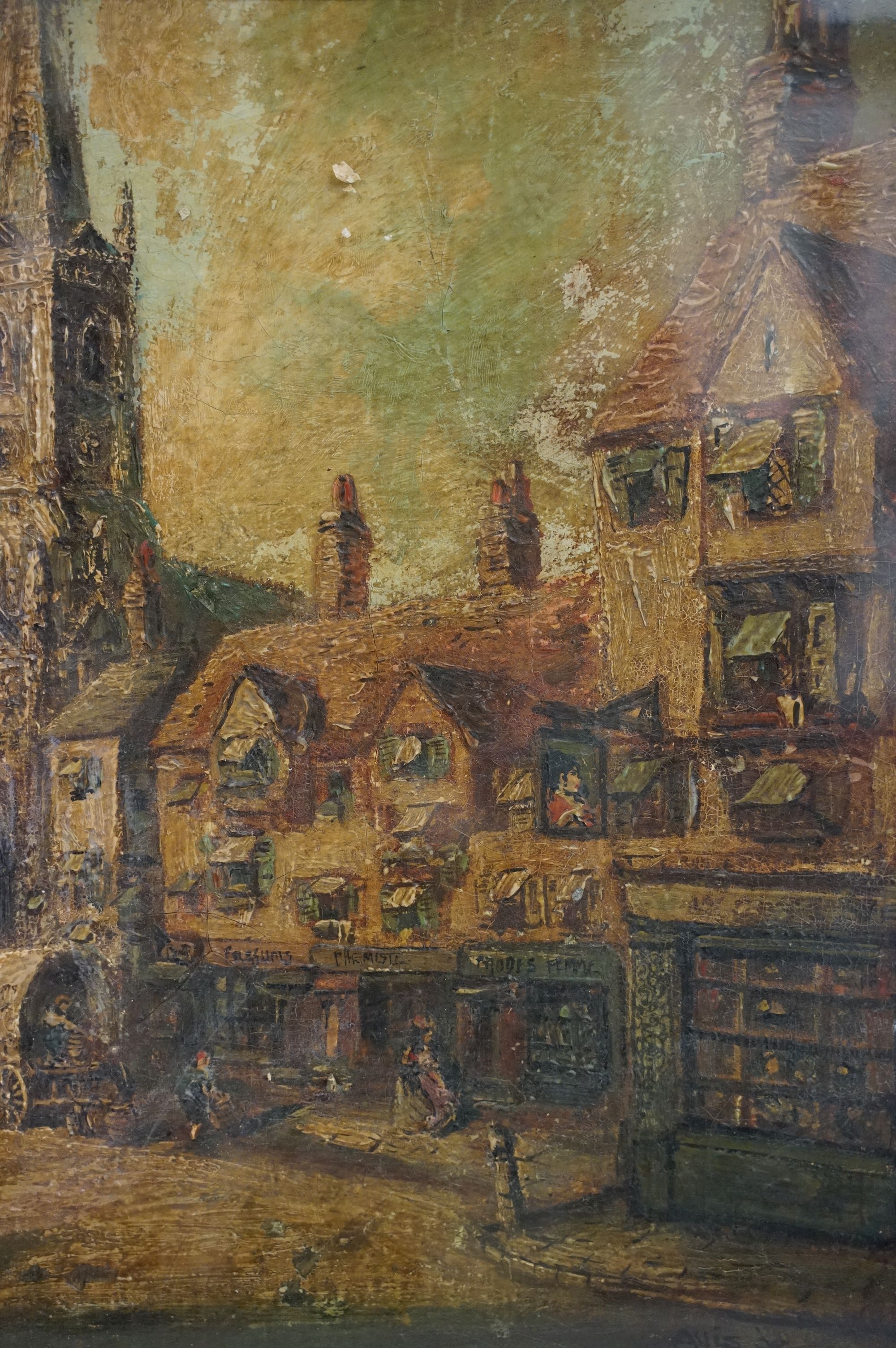 French antique gilt framed oil painting of a classical town view with figures, buildings and church, - Image 2 of 10