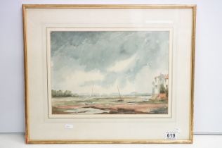 M Lewis, landscape scene with boats, possibly Norfolk, watercolour, signed lower right, label