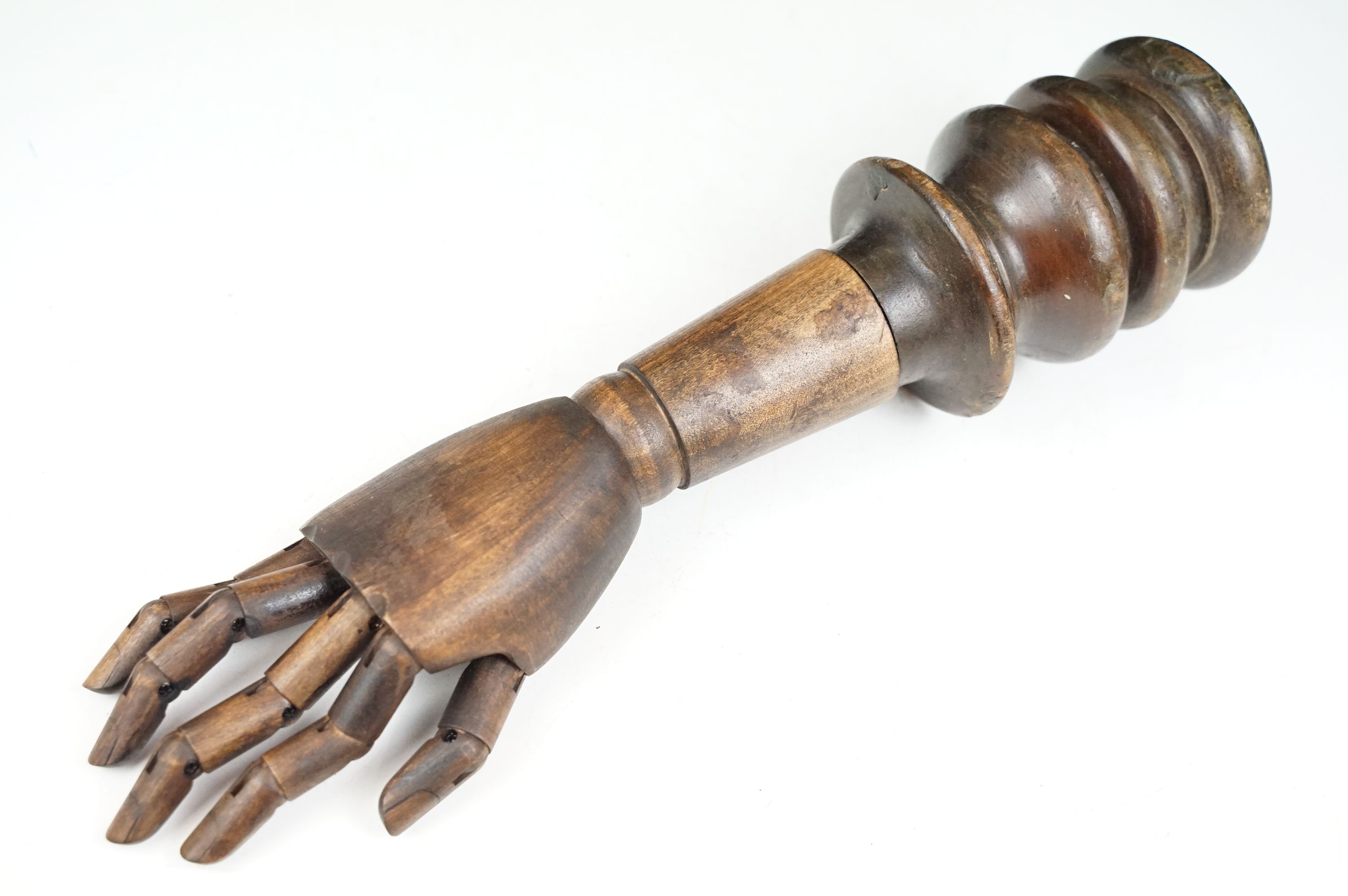 Artist model hand with articulated fingers, raised on a turned wooden base, approx 44cm high - Image 3 of 5