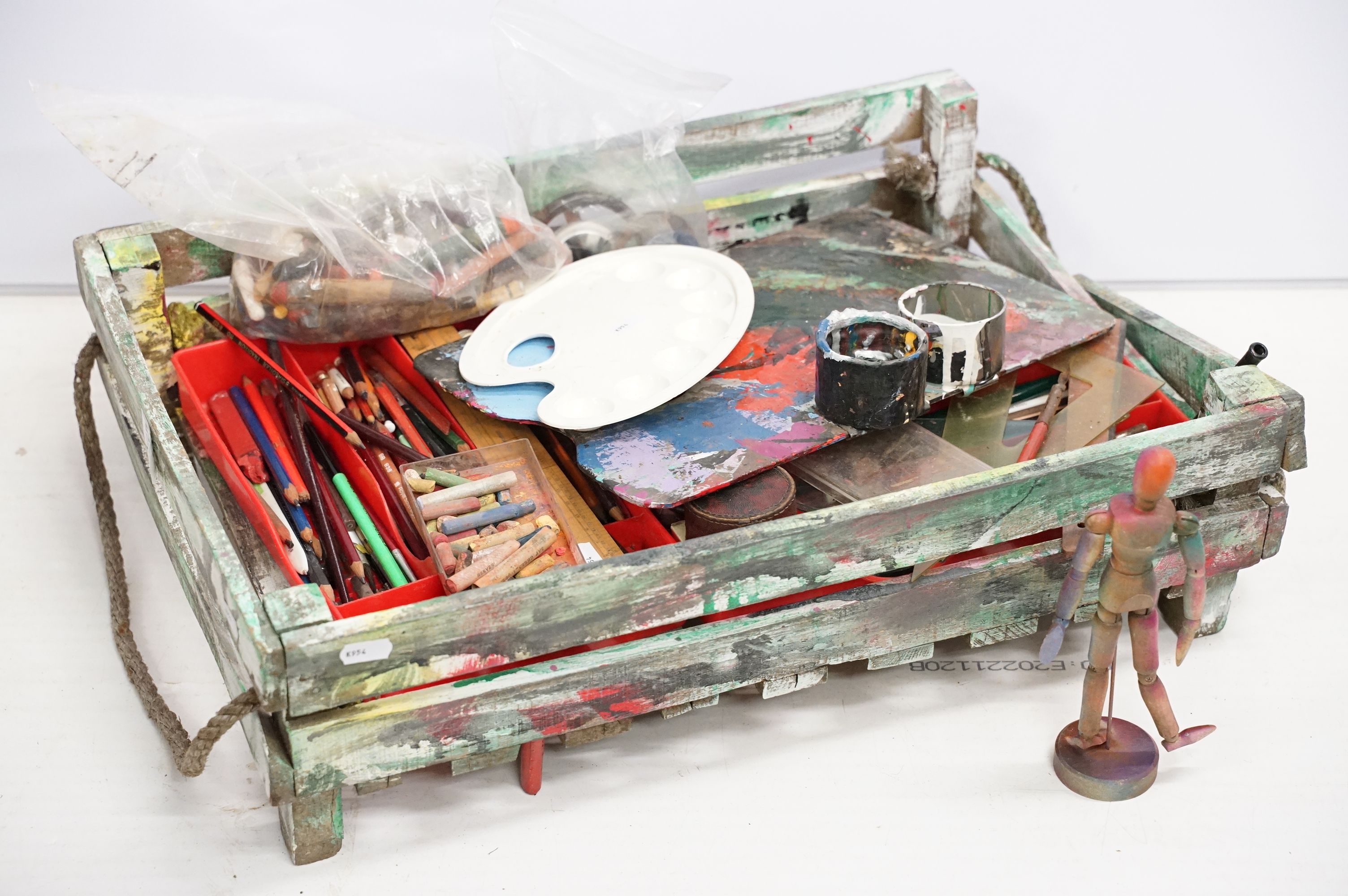 Collection of vintage artists equipment to include easels, chalk pastels, pencils, wax etc.