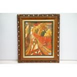 An ornate framed Impressionist oil painting of a village set in woodland scene with woman and and
