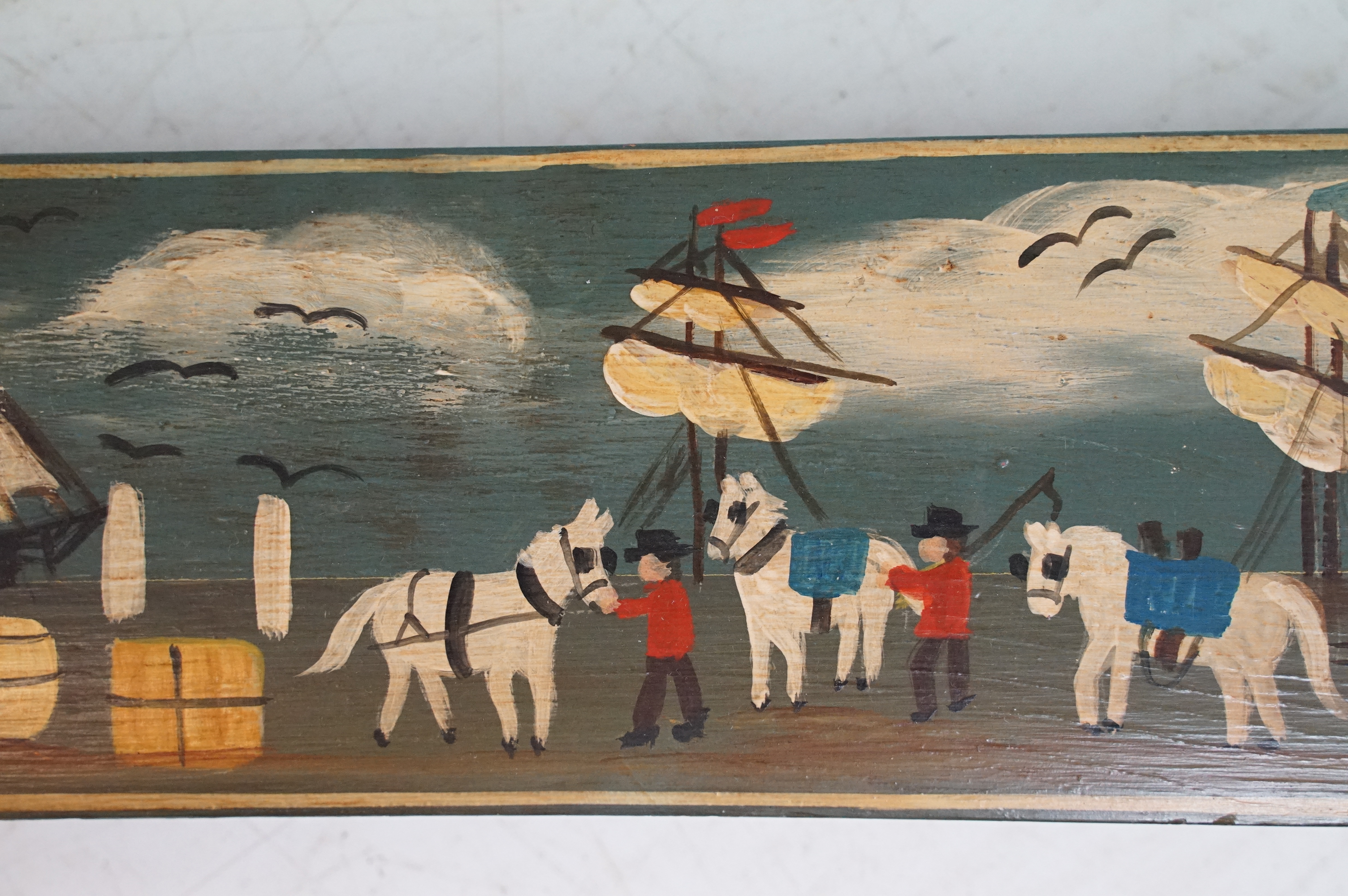 20th Century naïve painted barrel plank decorated with naval scenes. Measures 89cm wide. Together - Image 3 of 10