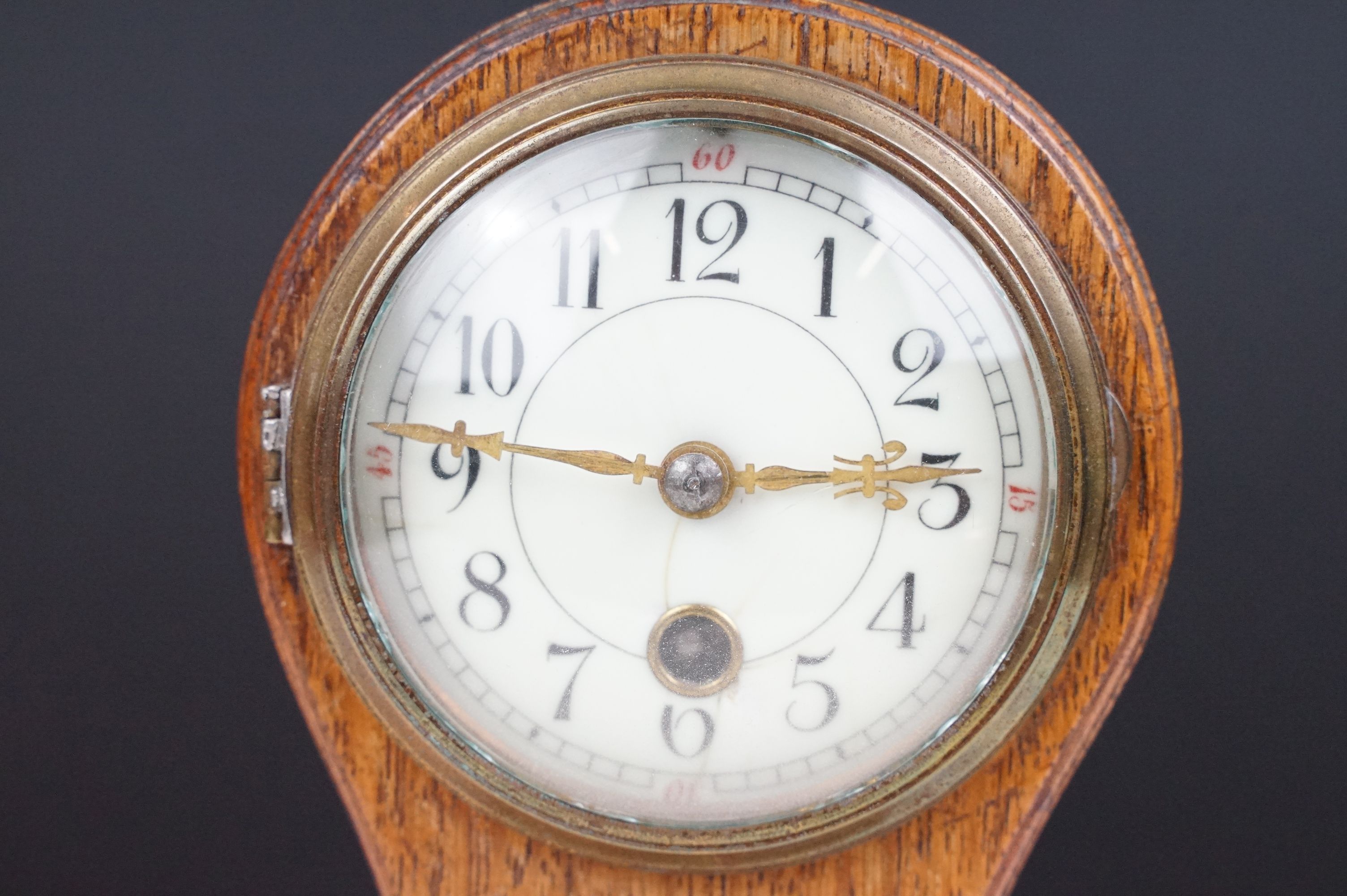 Edwardian balloon oak mantel clock with white enamel dial and carved detail, approx 22.5cm high - Image 4 of 7