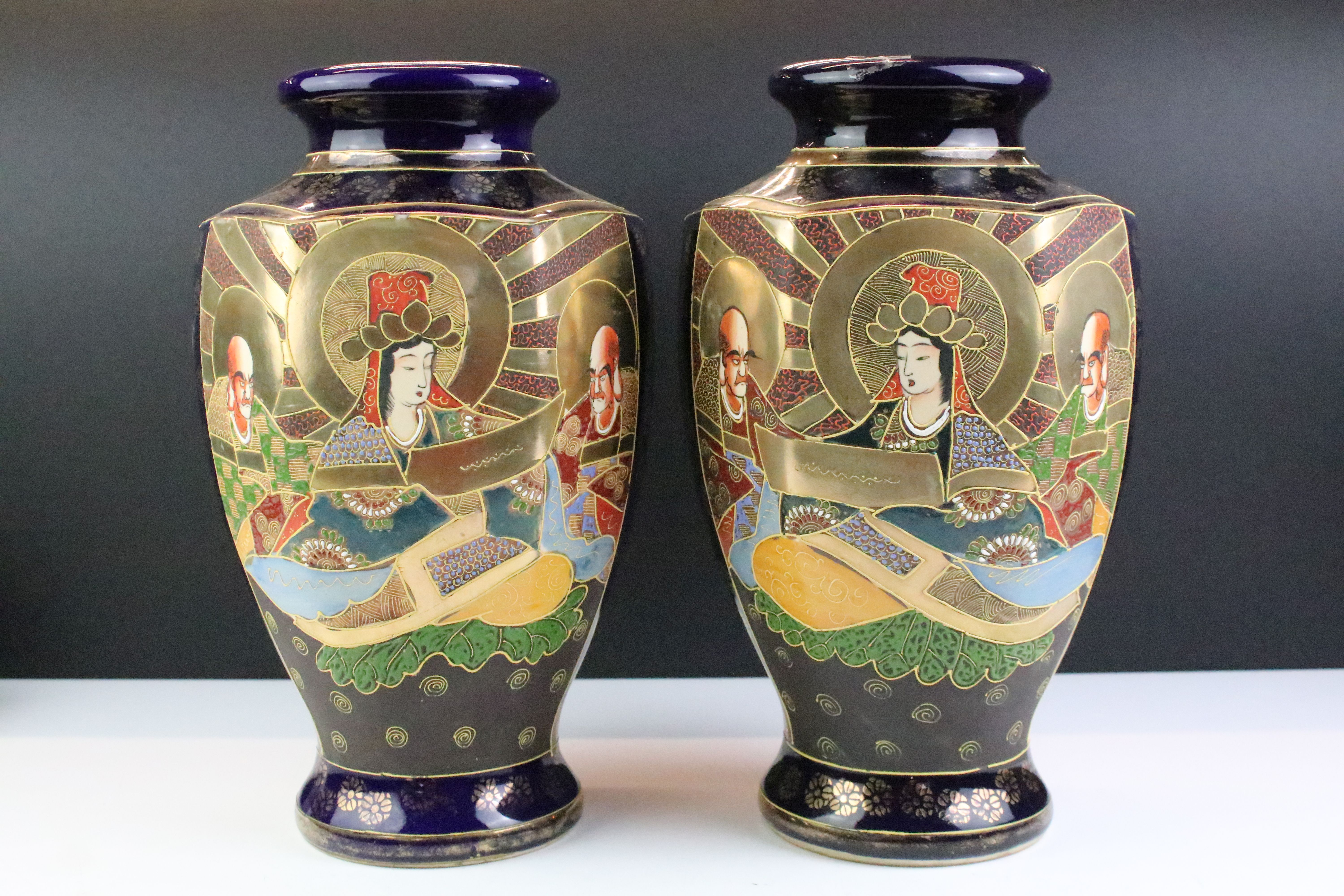Pair of Japanese blue ground Satsuma vases of hexagonal form, each 31cm high