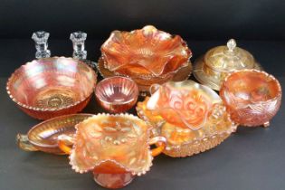 Collection of carnival glassware to include various bowls and dishes, plus a pair of Galway Irish