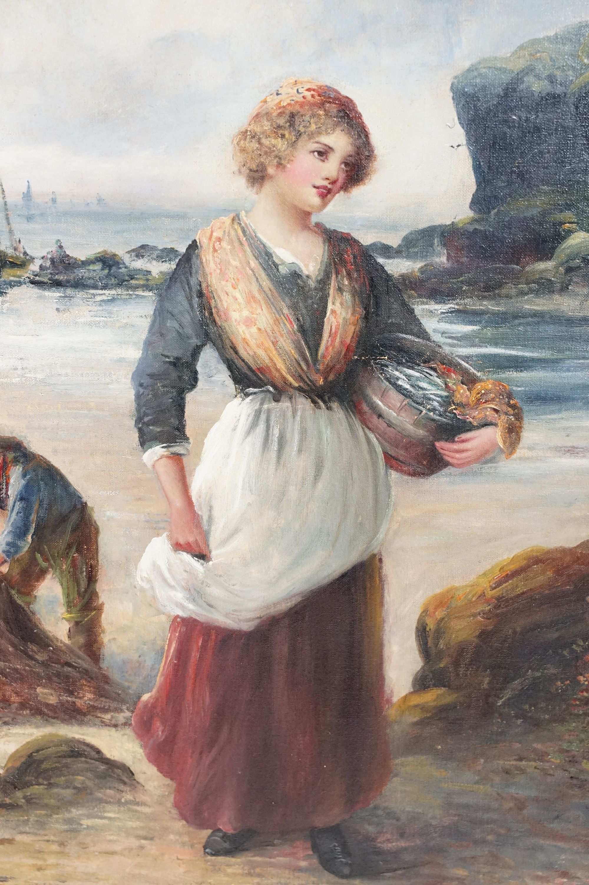 J. M. Colvin - Late 20th Century oil on canvas painting depicting a fisher woman on a coastal shore. - Image 2 of 9