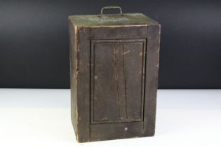 Antique wooden collectors box having a hinged top and twin handles with wooden slide holders within,