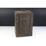 Antique wooden collectors box having a hinged top and twin handles with wooden slide holders within,