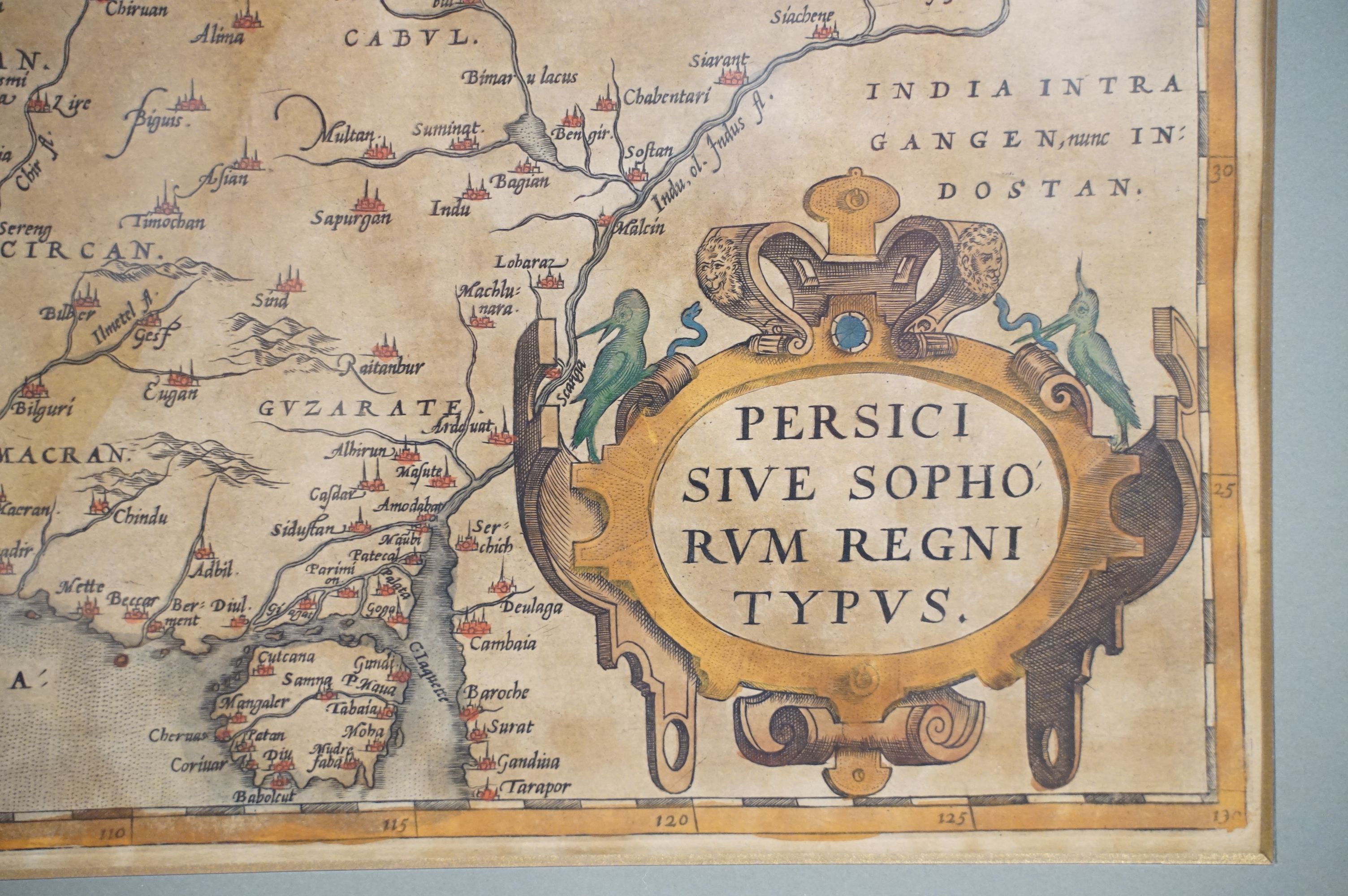 Abraham Ortelius (1527 - 1598), Persici Sive Sopho rum Regni Typus, hand coloured engraving, label - Image 7 of 8