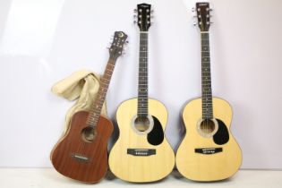 Three acoustic guitars to include Martin Smith, Elevation and a Luna childs guitar.