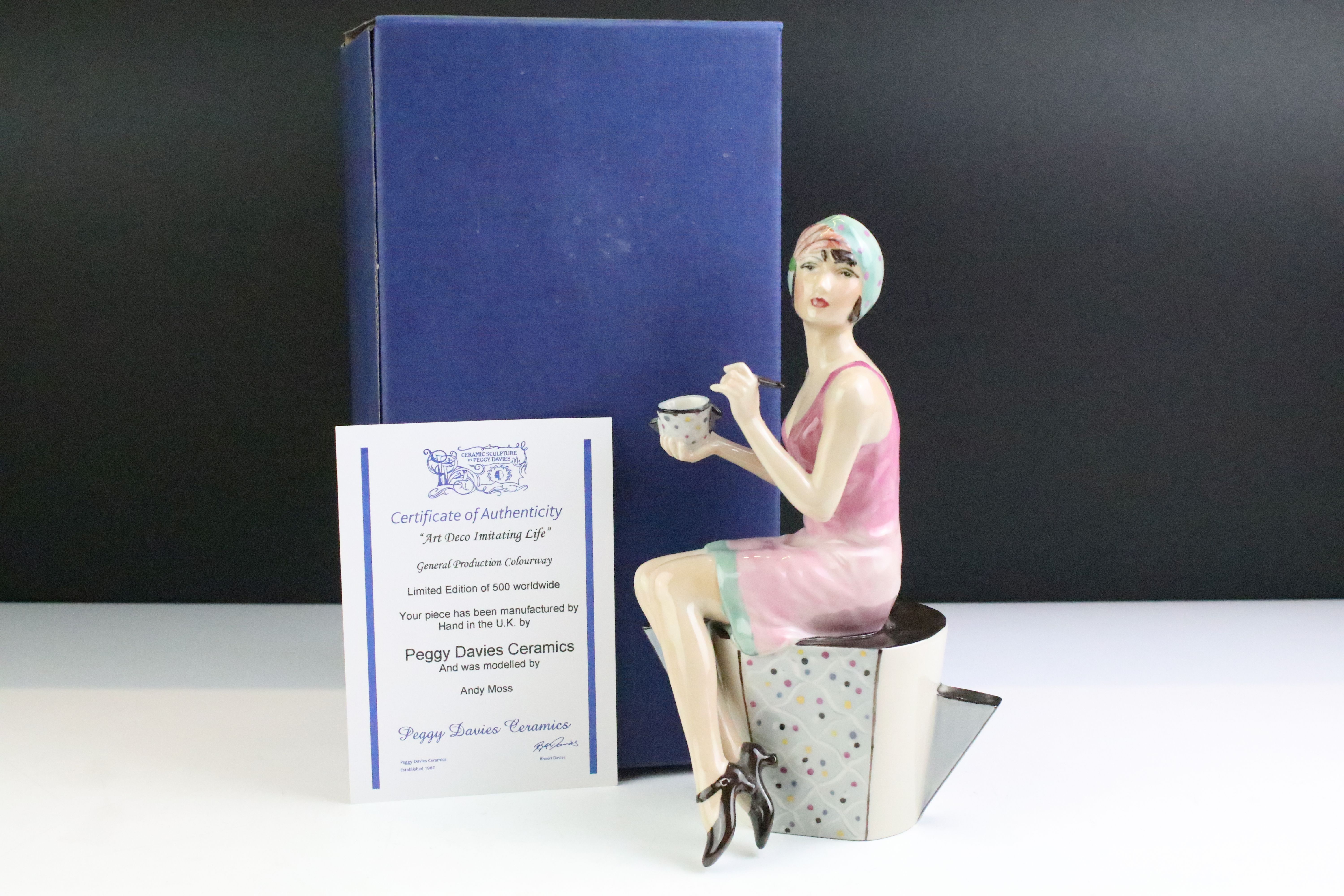 Boxed Peggy Davies Ceramics ' Art Deco Imitating Life ' ltd edn porcelain figurine, with CoA, approx