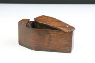 19th century carved oak table top snuff box in the form of a coffin, with hinged lid, measures