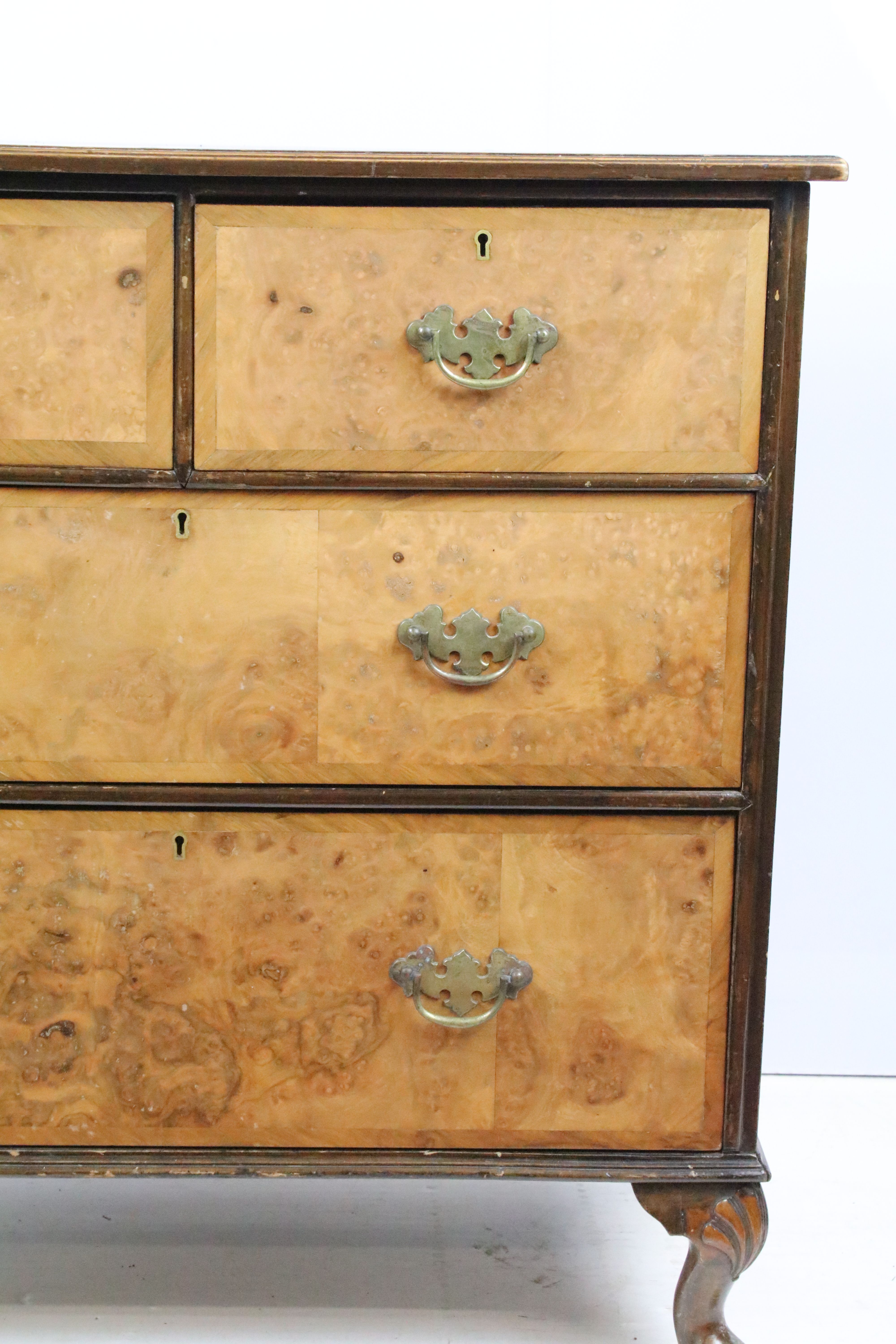 20th Century walnut veneered chest of drawers having two over two drawers with brass swing handles - Image 4 of 8