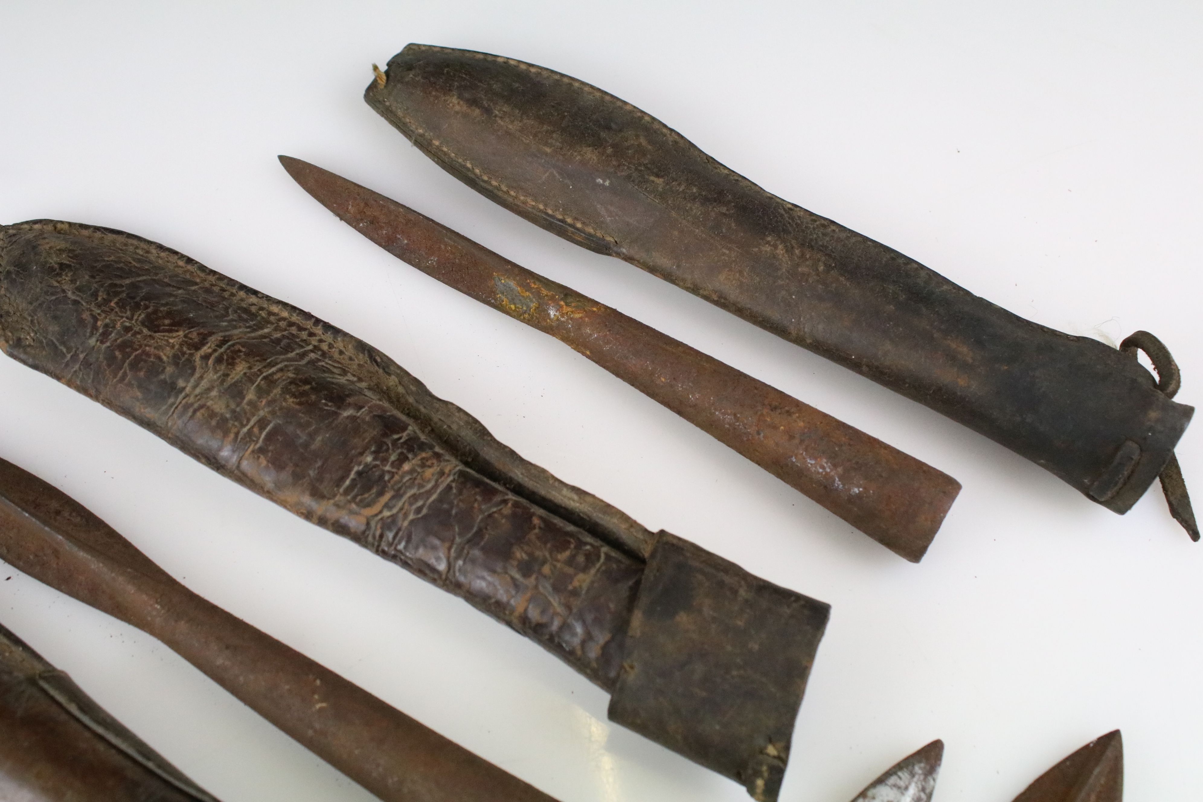 Group of seven antique / vintage metal spear heads, three in leather sheaths - Image 2 of 5