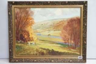 Gordon Clifford Barlow 1913-2005 - Framed oil painting landscape with cattle, gallery label to