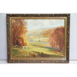 Gordon Clifford Barlow 1913-2005 - Framed oil painting landscape with cattle, gallery label to