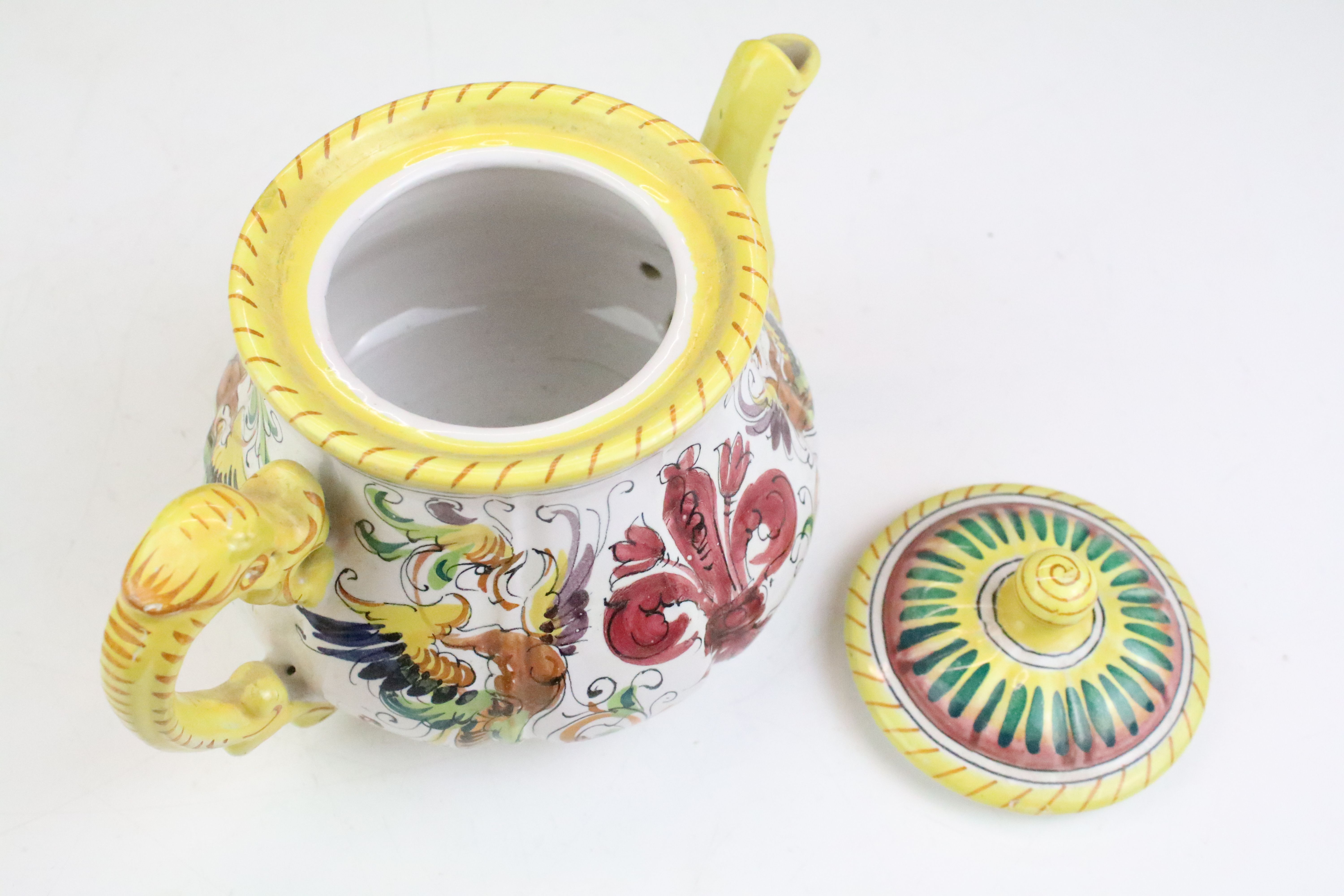 Italian faience tea set with scrolling & floral decoration and yellow border, the lot to include - Image 6 of 14
