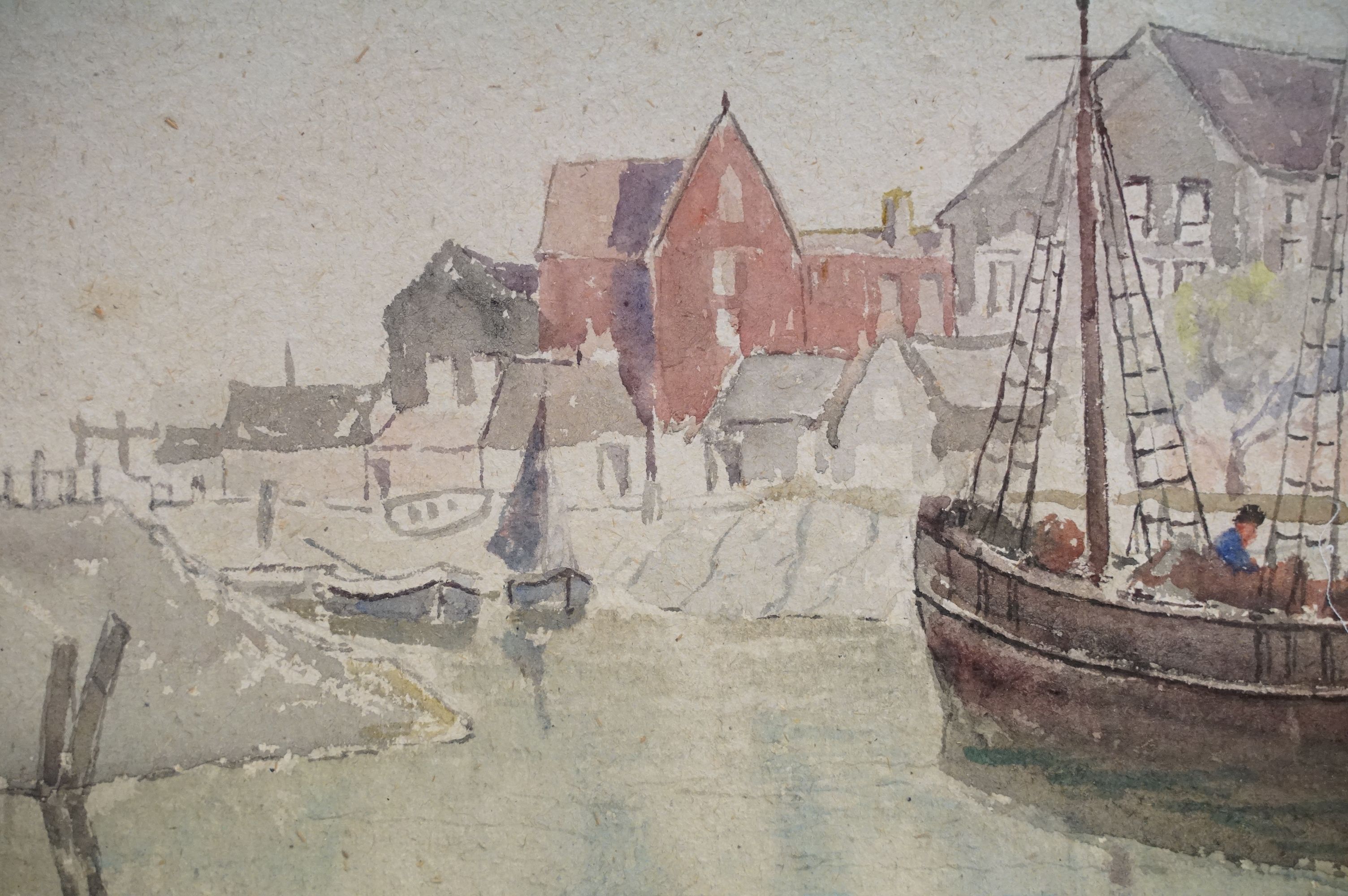 Early 20th C watercolour of an estuary town view with fishing boats, 37cm x 52.5cm - Image 3 of 6
