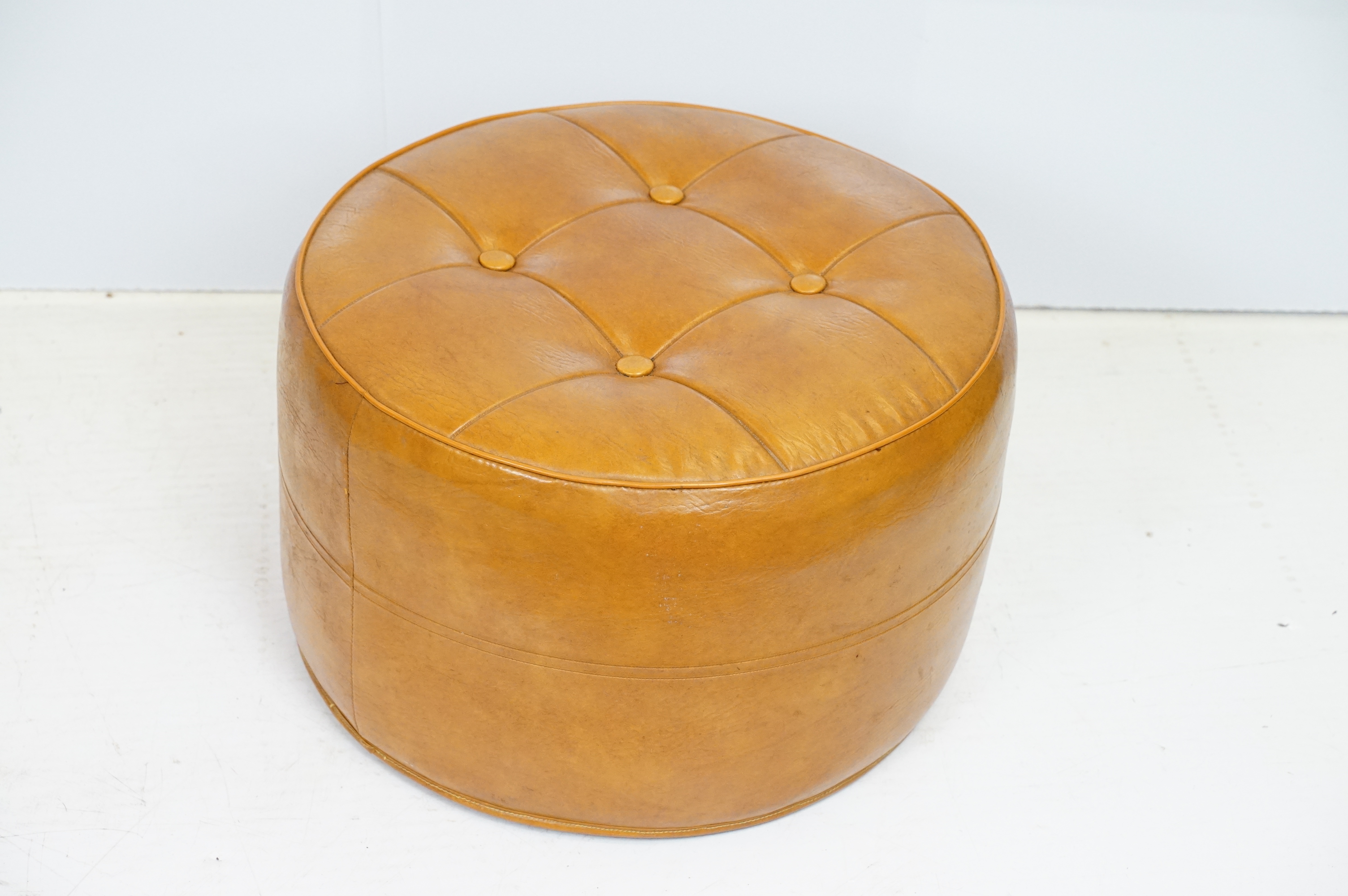 Mid century Retro style Brown Leather effect Circular Pouffe with button top and bottom, 45cm