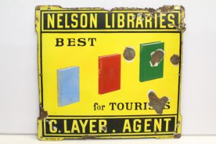 ' Nelson Libraries - Best for Tourists ' early 20th century French enamel wall sign on yellow