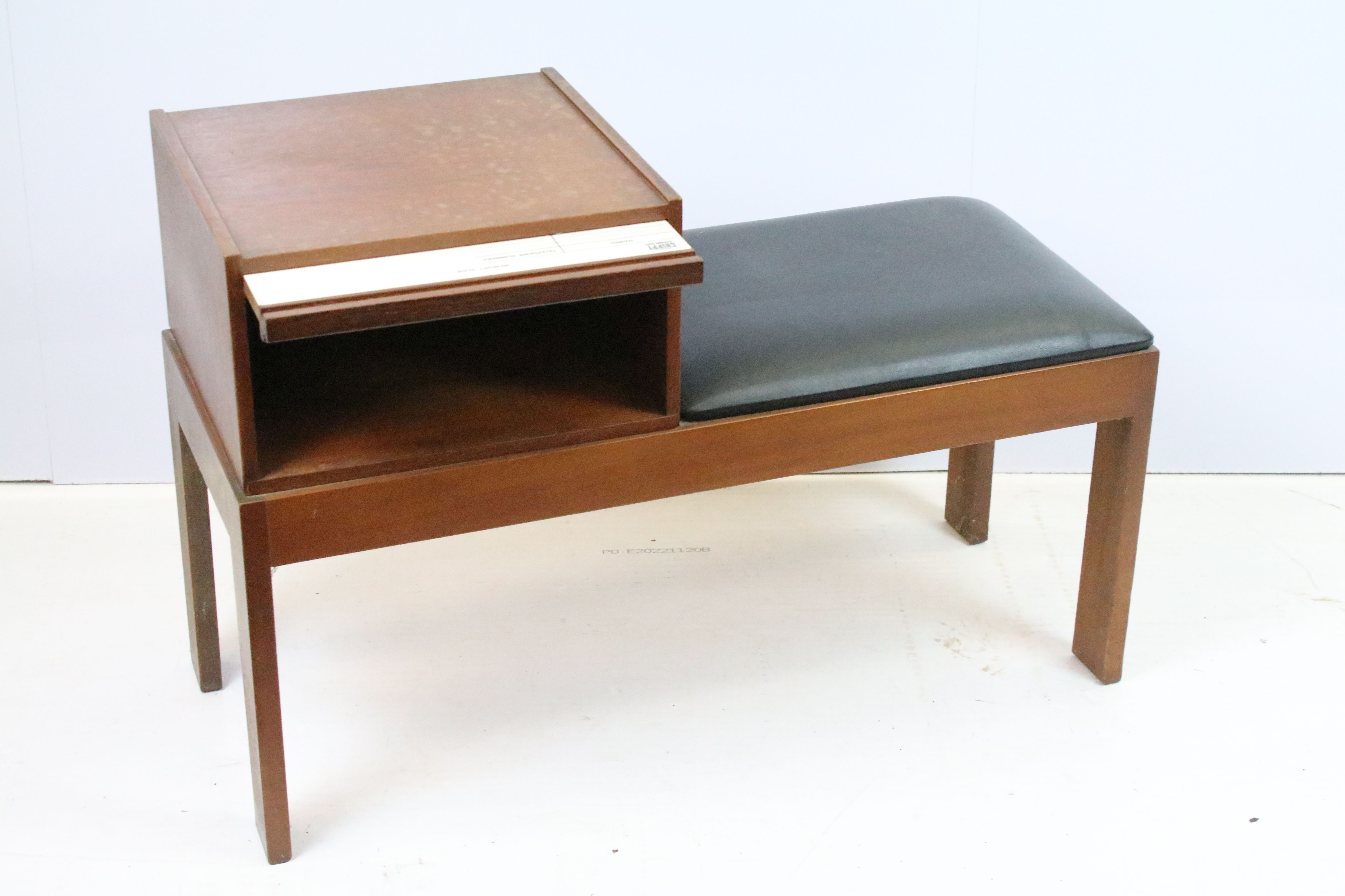Mid Century vintage chippy telephone table with black leather seat. Measures 84cm wide. - Image 2 of 8