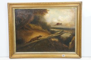 19th Century Victorian oil on canvas painting depicting a fox hunting a pheasant. Set within a