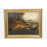 19th Century Victorian oil on canvas painting depicting a fox hunting a pheasant. Set within a