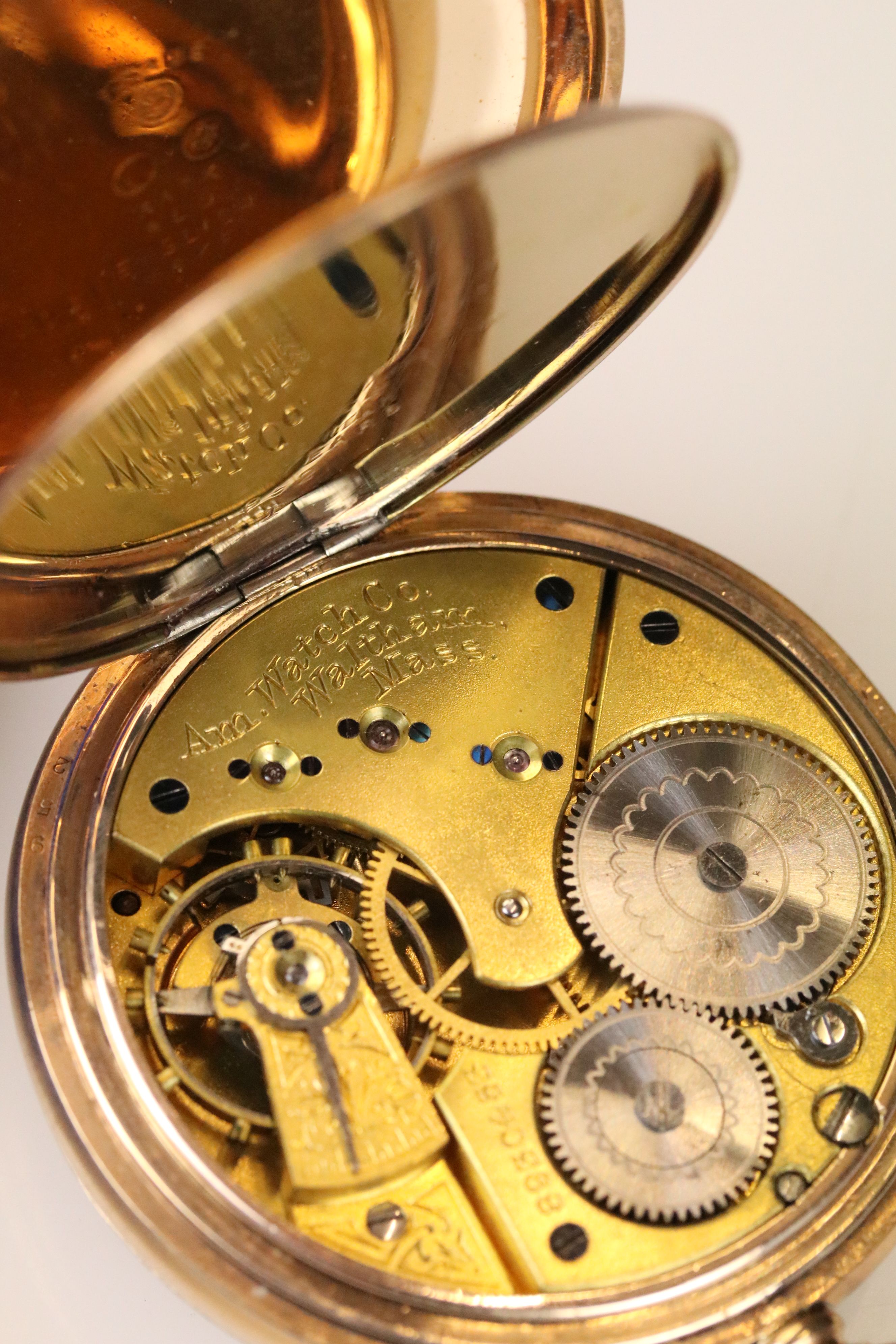 A gold plated waltham pocket watch together with albert chain. - Image 3 of 7