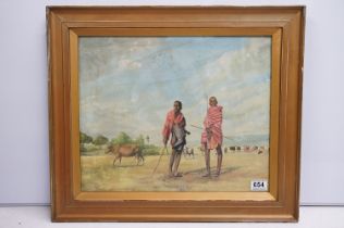 Gilt framed oil painting study of Masai Herdsmen with cattle, 37cm x 45cm