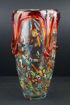 Large Murano glass vase with red glass drips to the rim, 30cm high