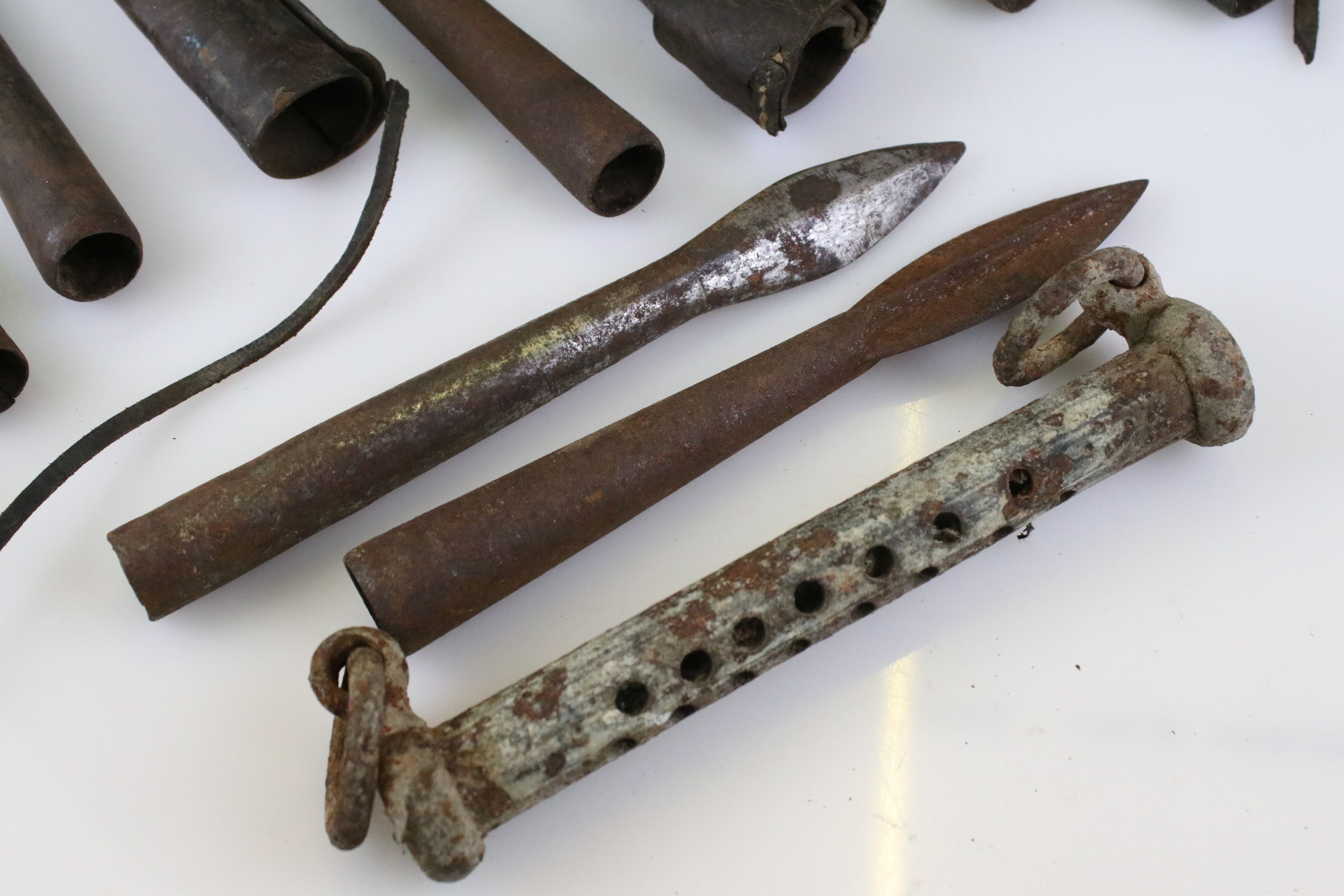 Group of seven antique / vintage metal spear heads, three in leather sheaths - Image 5 of 5