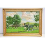 Wootton, shire horses ploughing a field, overpainted print, 49 x 74.5cm, framed and glazed