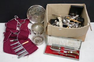 Collection of mixed silver plate to include a cased set of goblets, mother of pearl opera glasses,