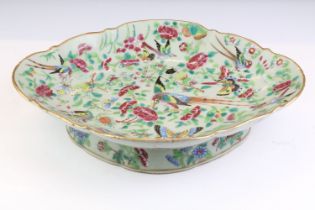 Chinese famille rose celadon glazed footed dish of shaped lozenge form, with bird, flower &